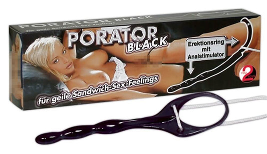 Gesamtdarstellung des Produkts – Erektionsring und Analstab. Erektionsring mit Analaufsatz – Produkt in Originalverpackung mit diskretem Design.