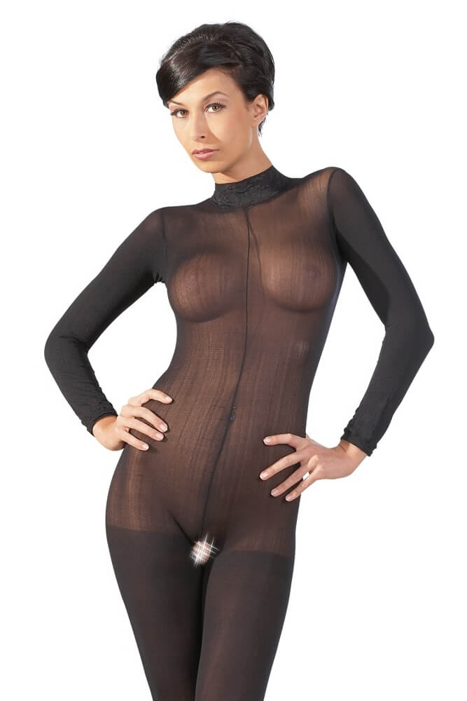 Hochgeschlossener Bodystocking mit Spitzenkragen und verführerischem Rückenausschnitt für besondere Momente.
