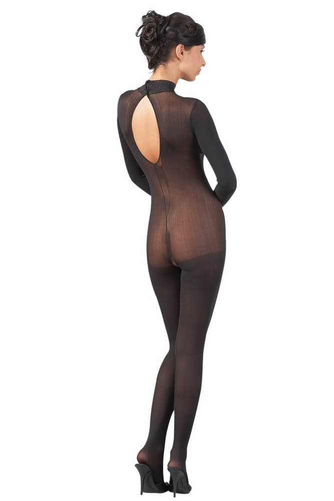 Sinnlicher Ganzkörper-Bodystocking aus mattschwarzem Stoff mit offenem Schritt und hautenger Passform.