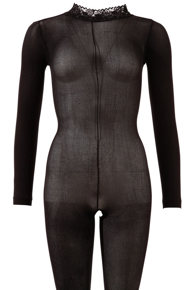 Bodystocking mit eleganten Details: Spitzenkragen, Klettverschluss und offenem Schritt für sinnliche Akzente.