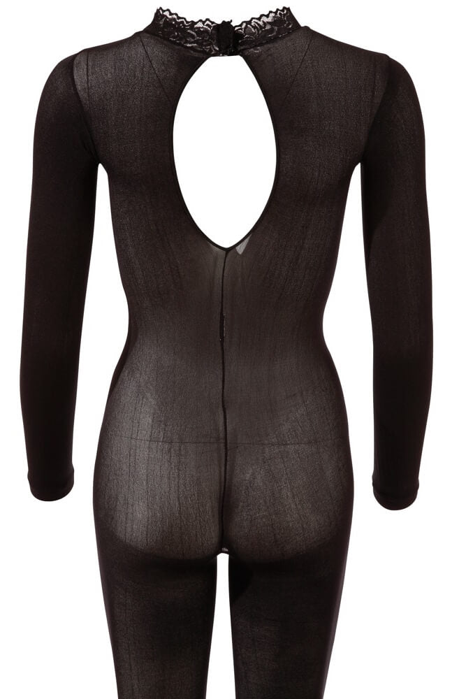 Langärmliger Bodystocking in mattschwarz mit aufregendem Tropfenausschnitt und Soft-Qualität für eleganten Tragekomfort.