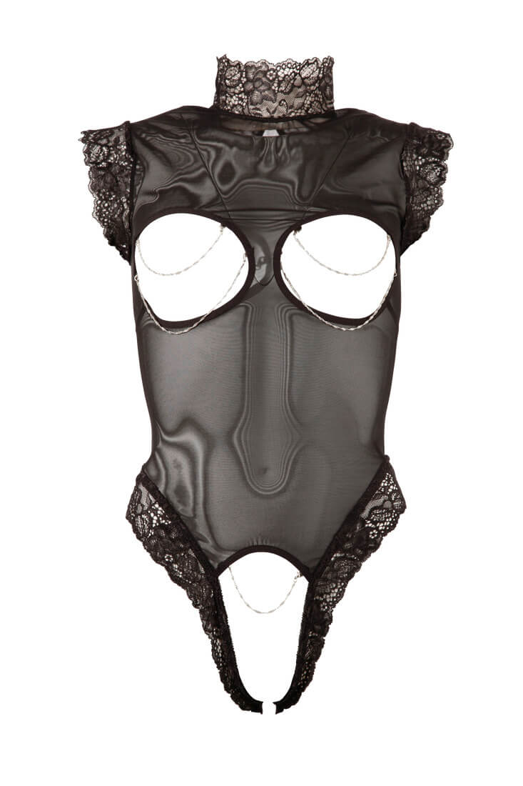Schwarzer sexy Spitzen-Body mit offenem Brust- und Schrittbereich für besondere Momente.