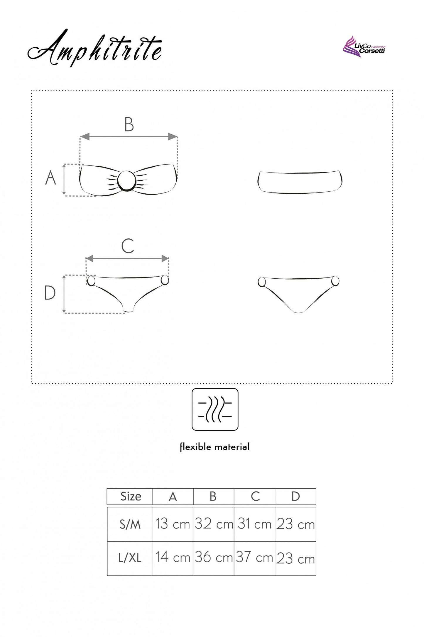 Skizze des Kleidungsstücks mit Maßangaben für Größen S/M und L/XL, inklusive Bund-, Hüftweite und Gesamtlänge.