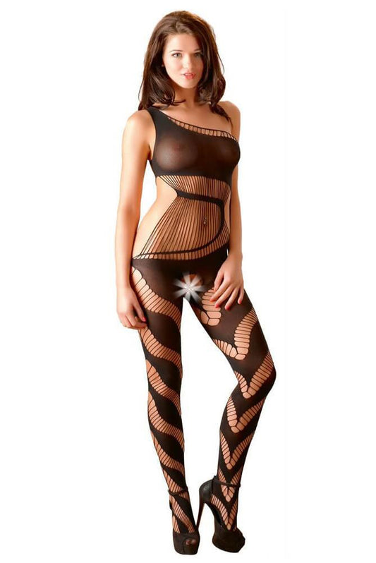 Verführerischer Catsuit mit freier Schulter, Bänder-Optik und offenem Schritt für leidenschaftliche Momente.