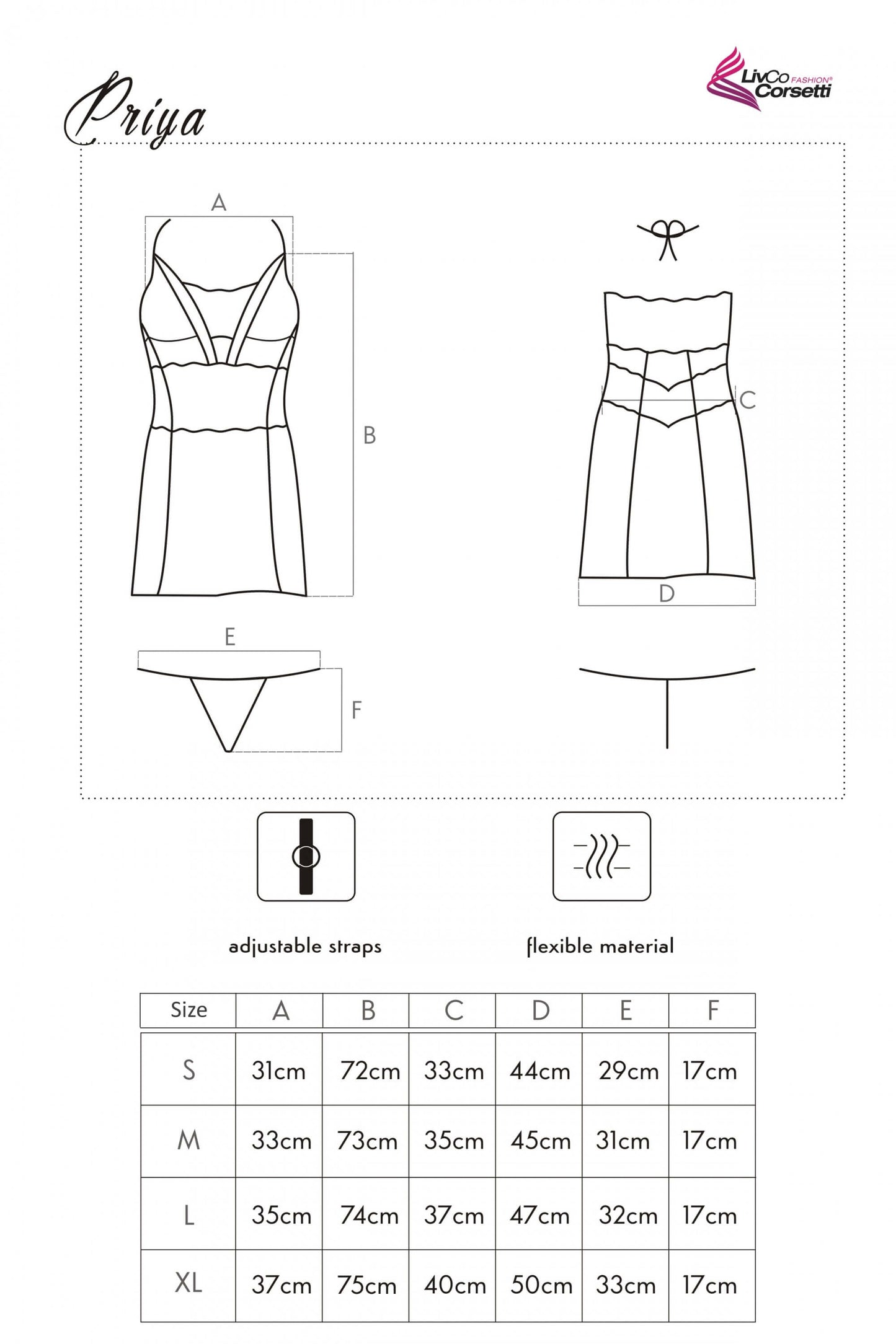 Schematische Skizze des Negligé 'PRIYA' von vorne und hinten mit Maßangaben.