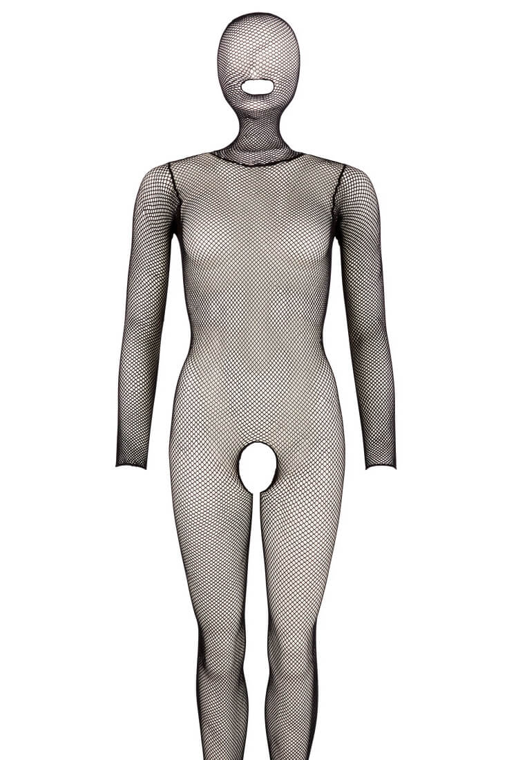 Schwarzer Netz-Bodystocking mit festintegrierter Kopfmaske und offenem Ouvert-Schritt.