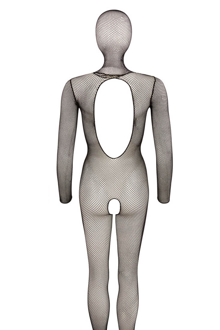 Eleganter schwarzer Netz-Bodystocking mit Kopfmaske und offenem Ouvert-Schritt für sinnliche Momente.