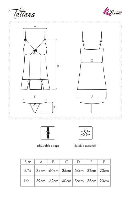 Negligé „Tatiana“ mit Maßskizze – schematische Darstellung der Größenangaben und Schnitte in Frontalansicht.