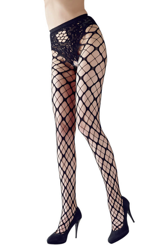 Netzstrumpfhose mit elegantem Spitzenmuster und nahtlosem Bein.