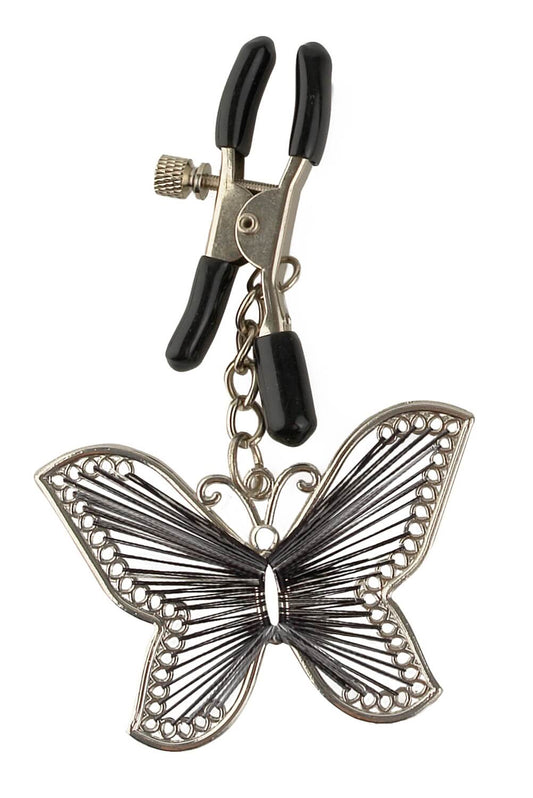 Pipedream Brustklemmen aus Metall mit schwarzen Gummipolstern und verstellbarer Schraube.