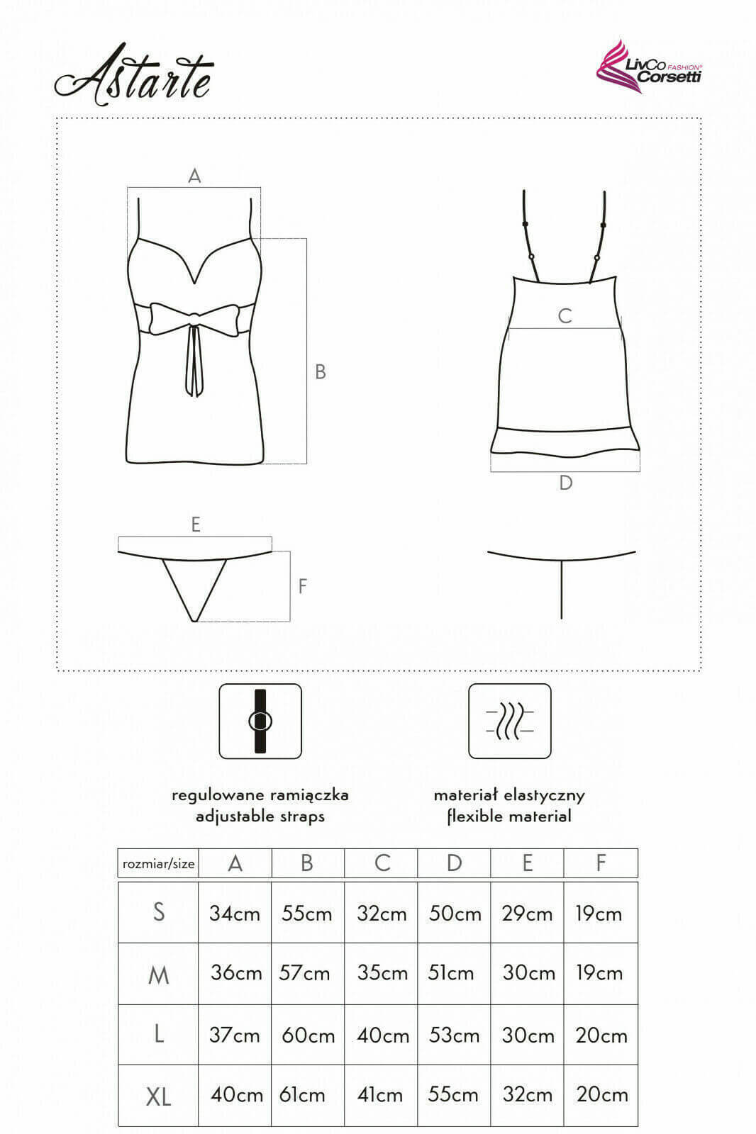 Technische Skizze des Negligé-Sets „Astarte“ mit Maßangaben für Brust, Taille und Hüfte – schematische Darstellung zur Größenorientierung.
