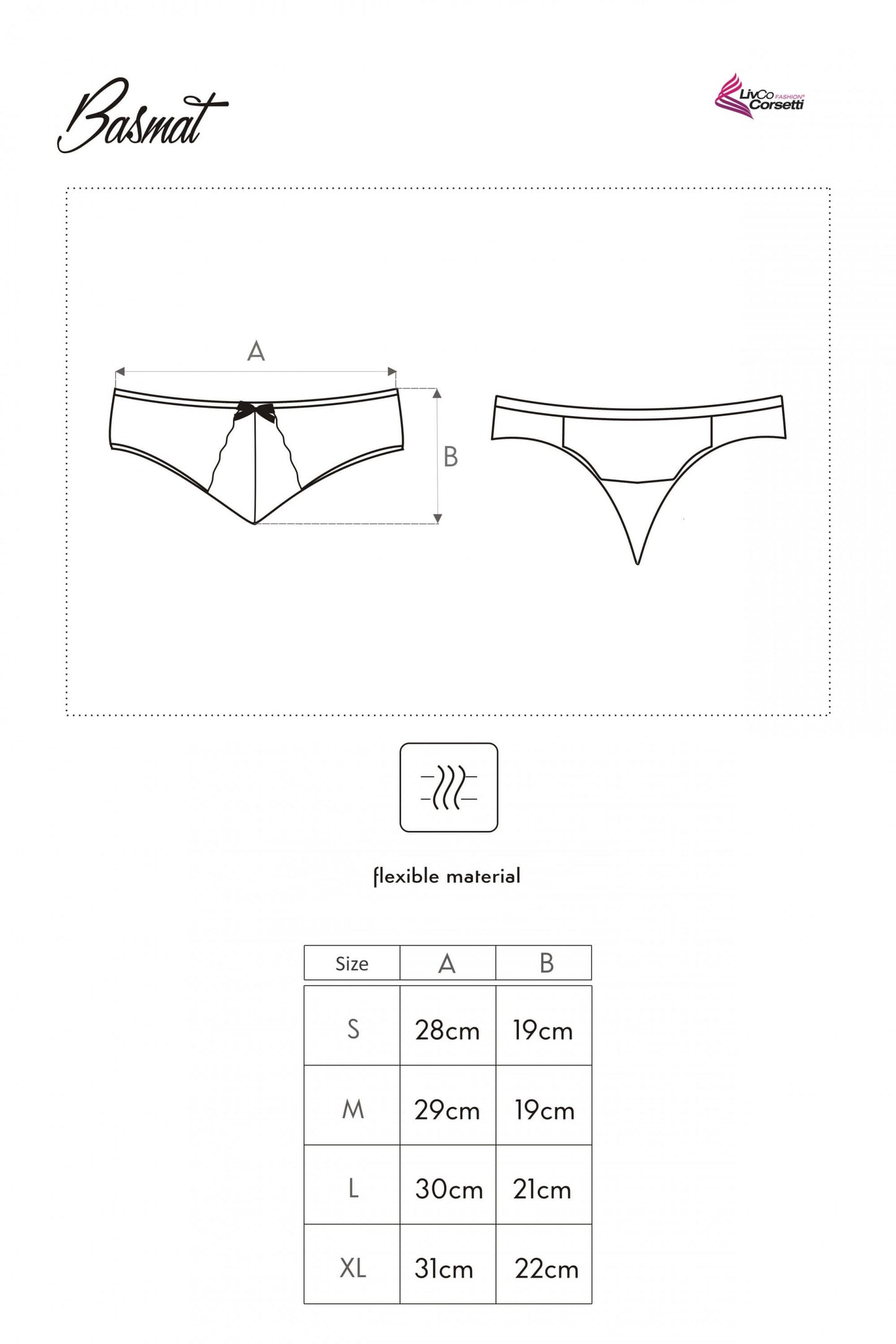 Technische Zeichnung des Strings „Basmat“ mit Maßangaben für Bundumfang, Seitenhöhe und Zwickelbreite – Vorder- und Rückansicht.