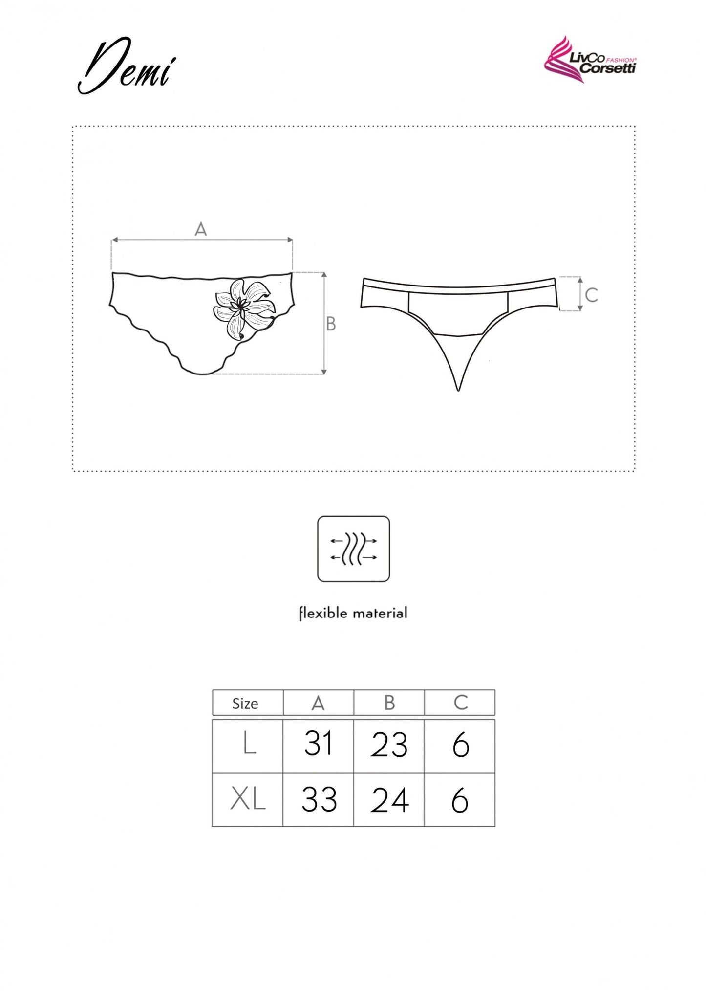 Schwarzer String mit halbtransparentem Stoff, floraler Verzierung und silbernen Details, ideal für einen femininen und sinnlichen Look.