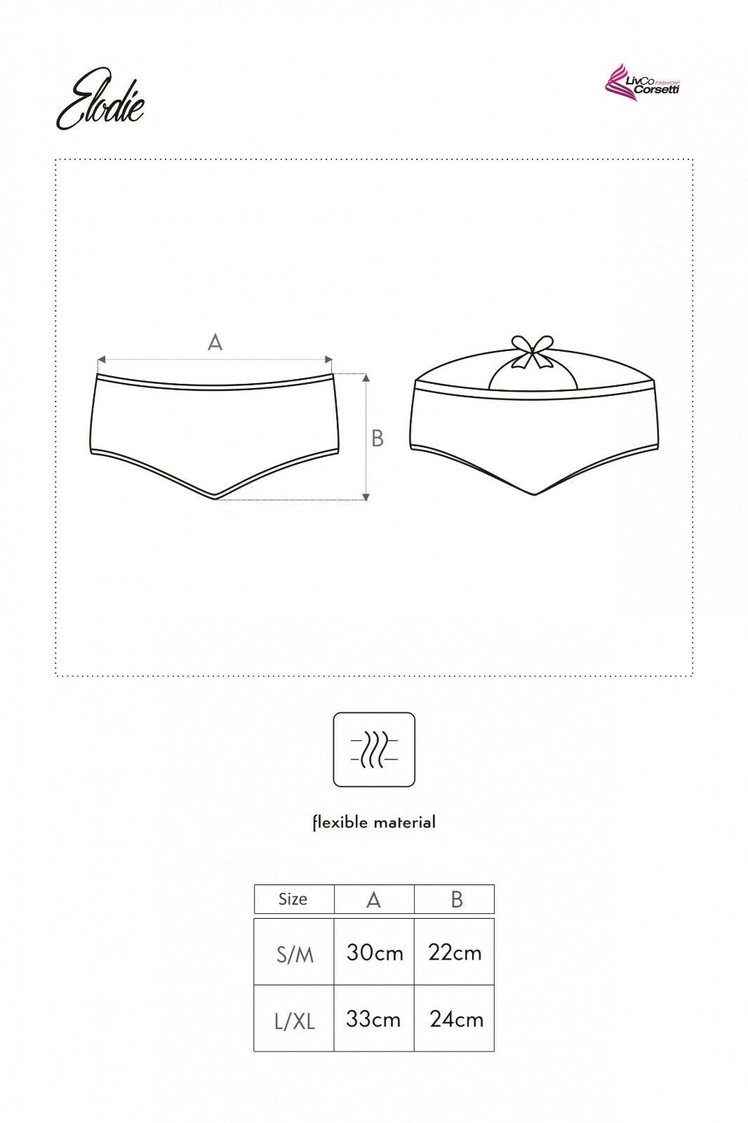 Skizze des Strings „Elodie White“ mit detaillierten Maßangaben: Breiter Spitzenabschluss oben, genaue Längenangaben für Bund und Seitenbereich sowie Darstellung der elastischen Materialien und Schnittführung.