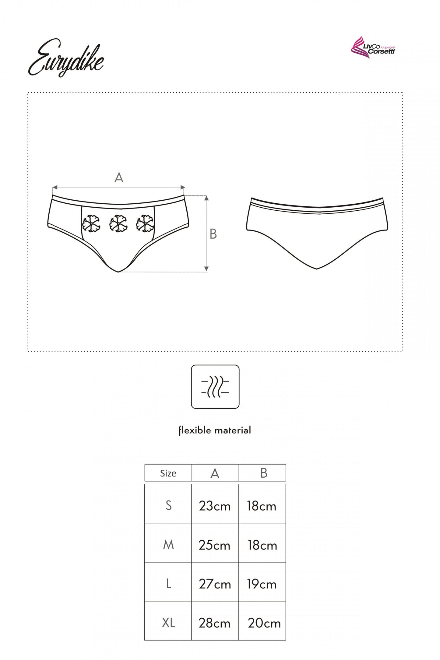 Technische Skizze der Panty „Eurydike“ mit Maßangaben für Bundweite, Seitenhöhe und Beinöffnung – Ansicht von vorne und hinten.