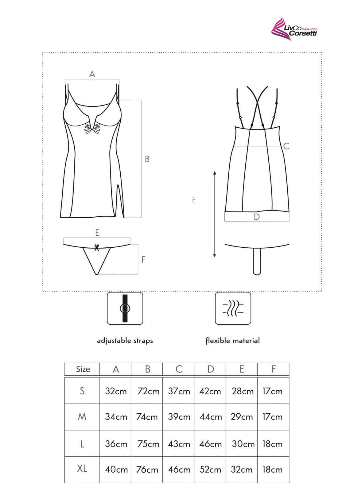 Produktbild des Negligés „KUSUMITA“ mit eingezeichneten Maßangaben für Länge, Brust- und Taillenweite
