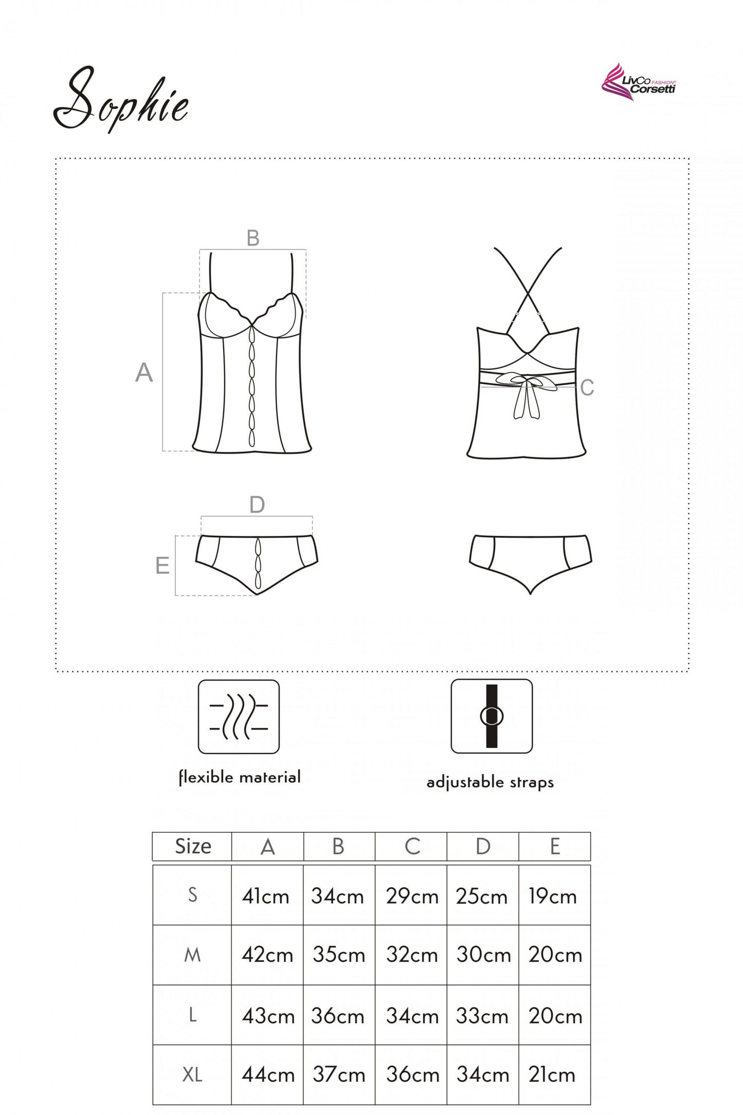 Skizze eines Pyjamas ‚Sophie‘ mit Detailansicht der Rückseite: weißes Top mit überkreuzten Trägern und gebundener Satinschleife am Rücken sowie Slip mit zartem Tüll und Spitzeneinsatz. Maßangaben für Größen S, M, L und XL sind an den jeweiligen Bereichen des Kleidungsstücks eingezeichnet.