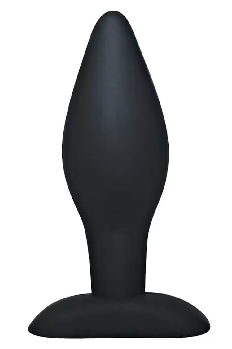 Silikon-Analplug mit glattem Finish, schmaler Spitze und ergonomischer Basis, Schwarz.