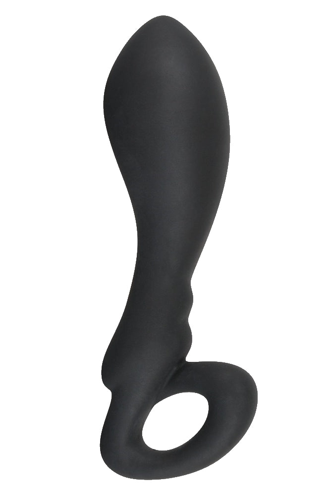 Schwarz glänzender Analplug mit dicker, eiförmiger Spitze und gebogenem Schaft.