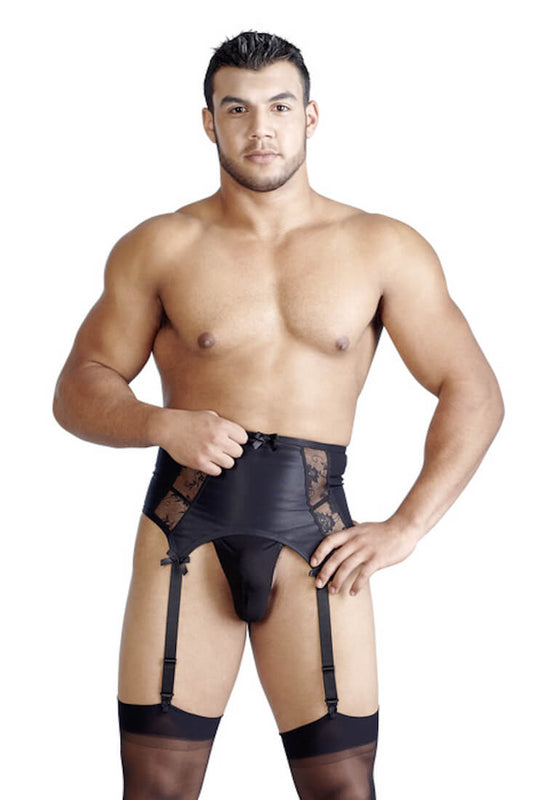 Schwarzer Spitzen-Strapsgürtel für Männer von Svenjoyment – Maskuline Herren Lingerie