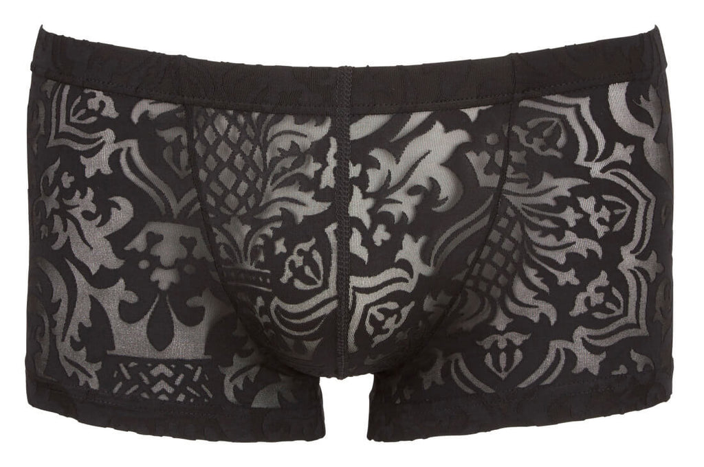 Herren-Pants Schwarz mit barockem Spitzenmuster Hollow-Man Frontansicht