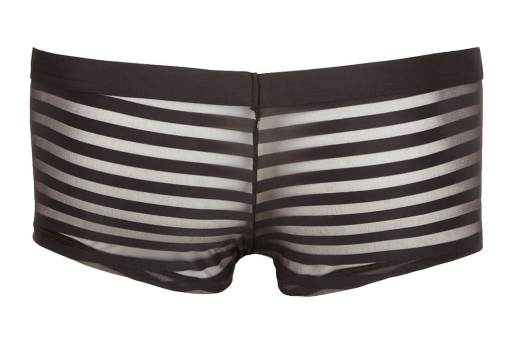 Sportlich-elegante Pants in Schwarz mit transparenten Streifen, die maskuline Formen betonen und Komfort bieten.