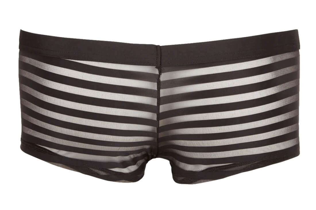 Sportlich-elegante Pants in Schwarz mit transparenten Streifen, die maskuline Formen betonen und Komfort bieten.