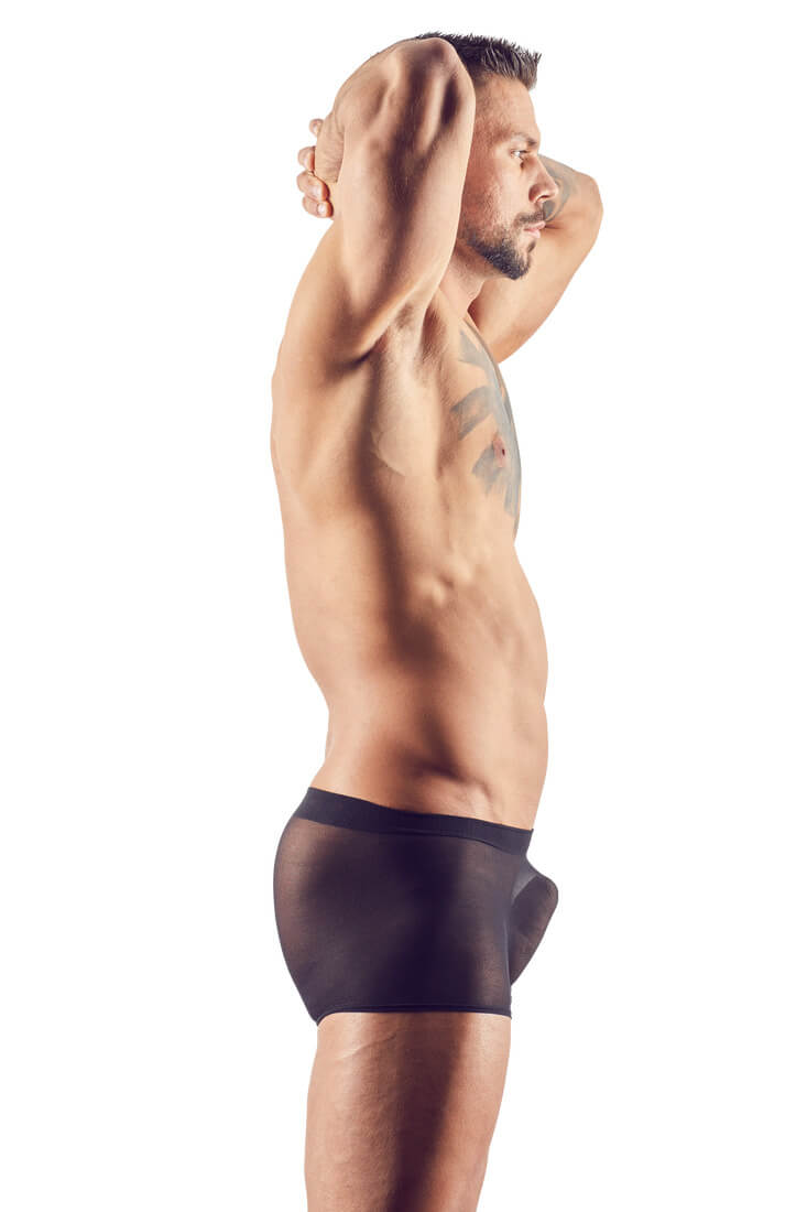 Zwei elastische Pants in Einheitsgröße S–L – knisternde Erotik im praktischen Doppelpack-Seitenansicht der transparenten Herren-Pants zur Verdeutlichung des Beinschnitts.