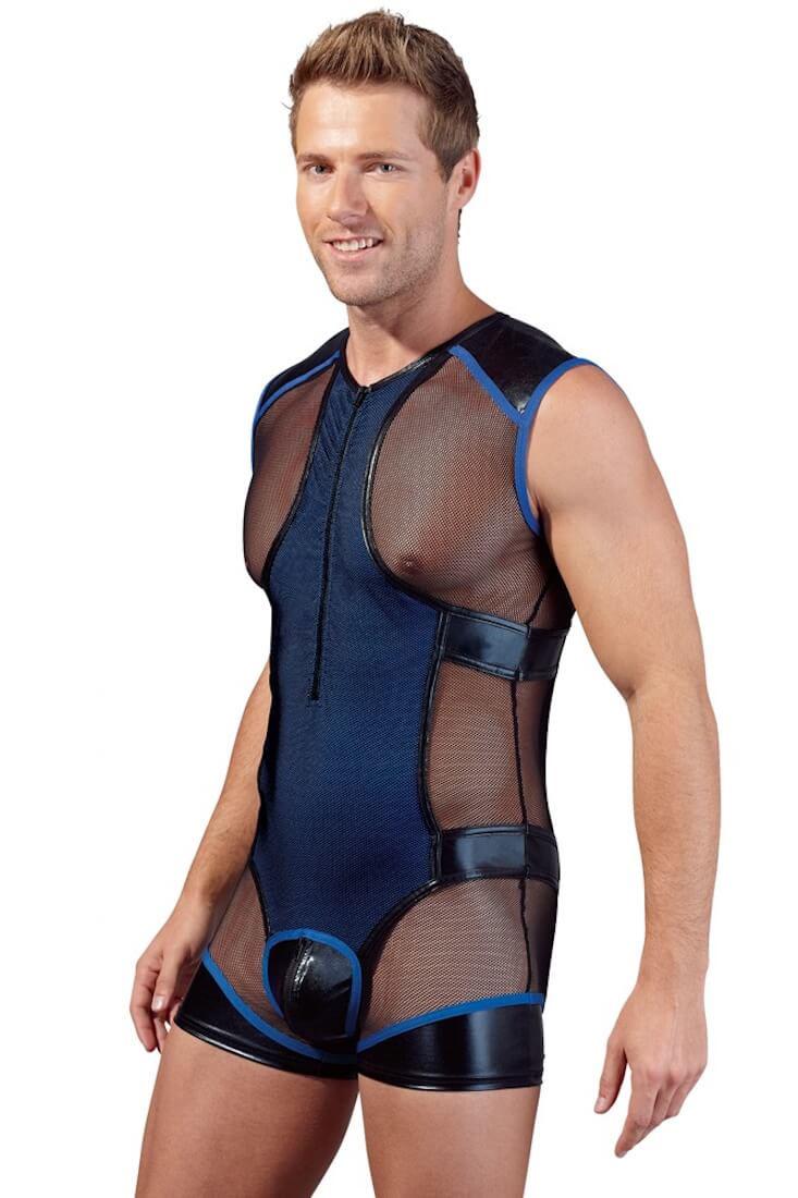Maskuliner Männer-Body mit transparenten Powernet-Einsätzen und blauer Mikrofaser.