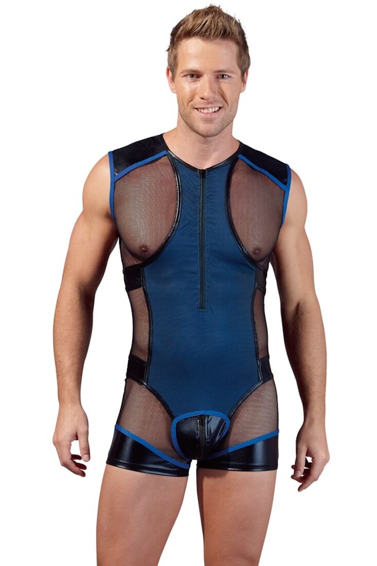 Royalblauer Herren Zip-Body von Svenjoyment aus Mikrofaser und schwarzem Wetlook.