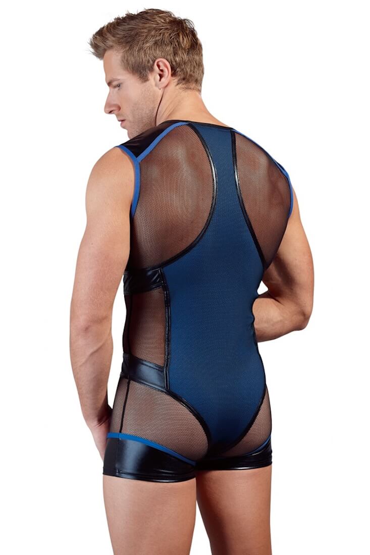 Rückenansicht des eng anliegenden royalblauen Herren-Bodys für eine betonte Silhouette.