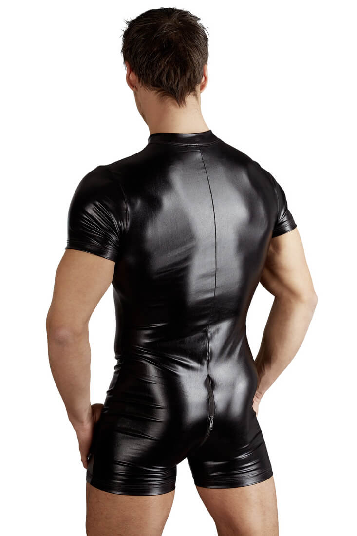 Eng anliegender Herren-Overall aus glänzendem Wetlook-Stoff, Schwarz, von Svenjoyment.