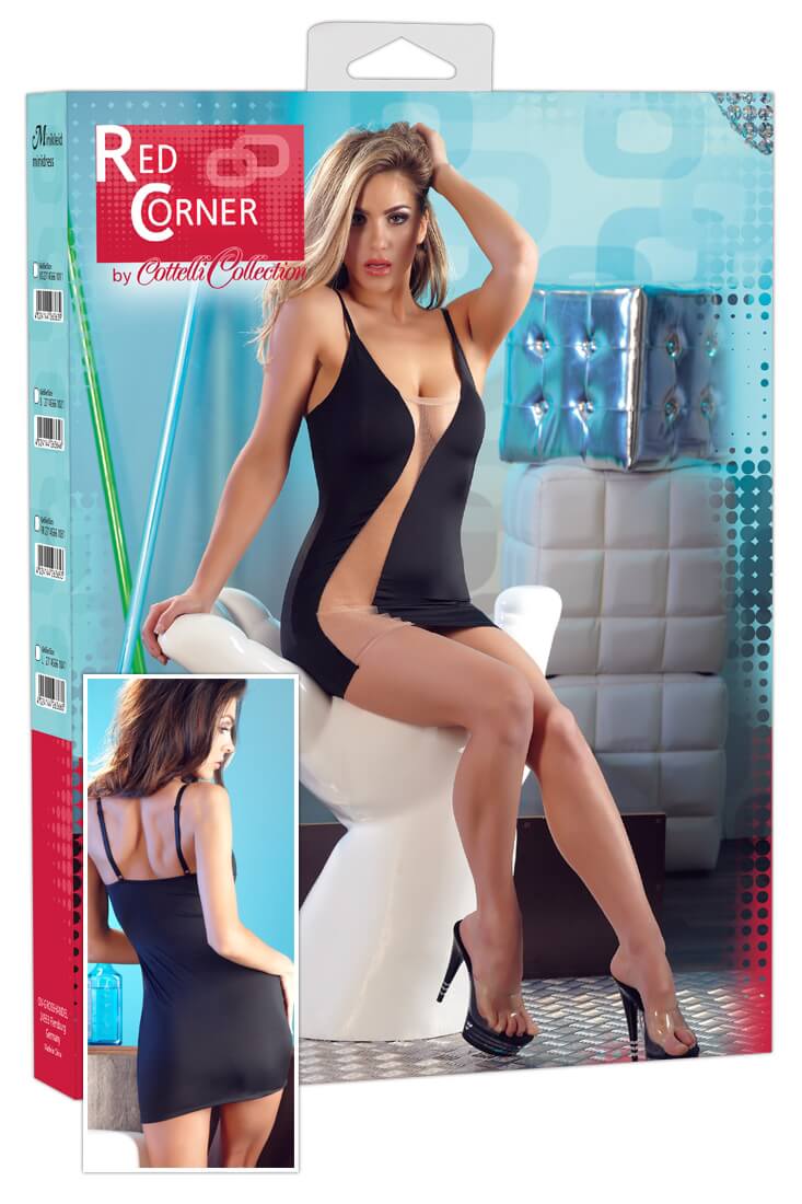 Damen Sexy Strand Minikleid Transparenteinsatz Front Schwarz Beige Haut