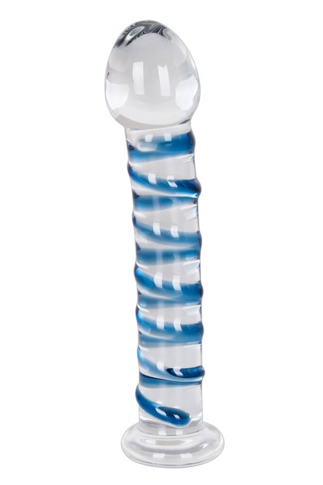'Arts Clair Bleu' Dildo – Transparentes Qualitätsglas mit gebogener Form und blauer Reizspirale für intensives Lustempfinden.