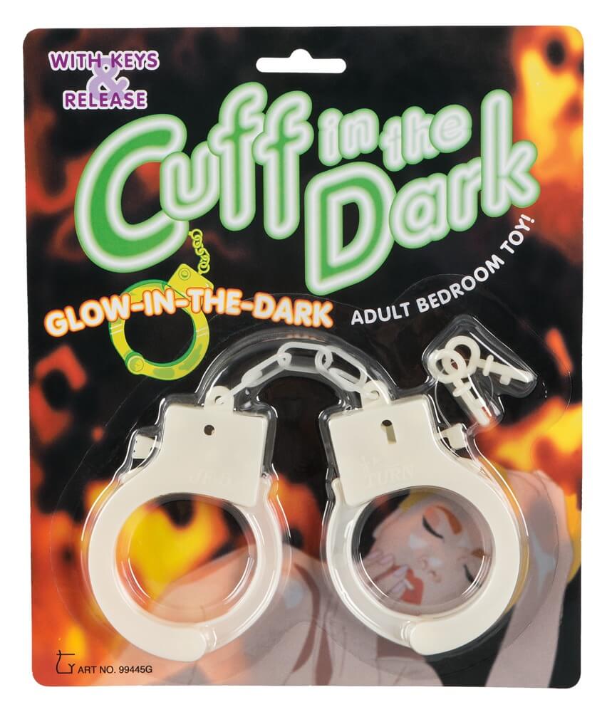 Verpackung der „CUFF IN THE DARK“ Handschellen mit Schlüssel und Freilass-Hebel.