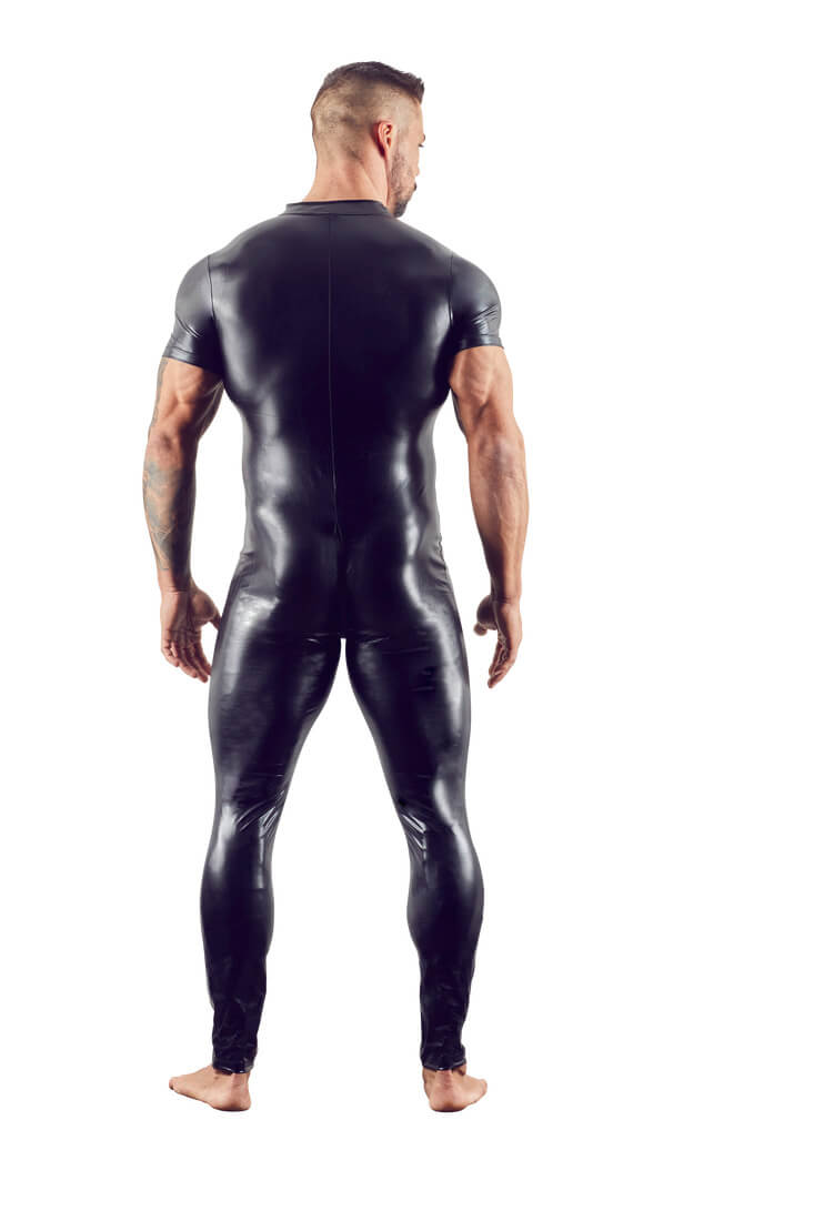 Schwarzer Wetlook-Overall für Herren, Ansicht von hinten mit sportlich-schlankem Schnitt und glatter Oberfläche.