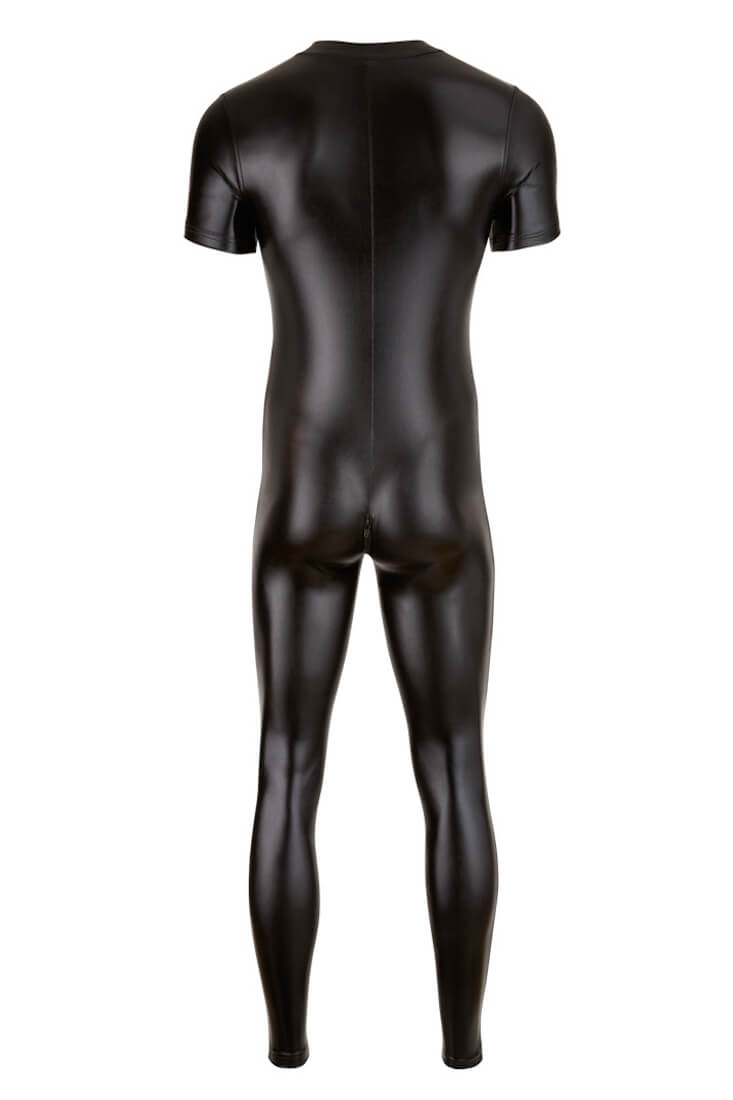 Hollow-Rückenansicht des schwarzen Wetlook-Overalls mit 3-Wege-Reißverschluss, der zwischen den Pobacken verläuft.
