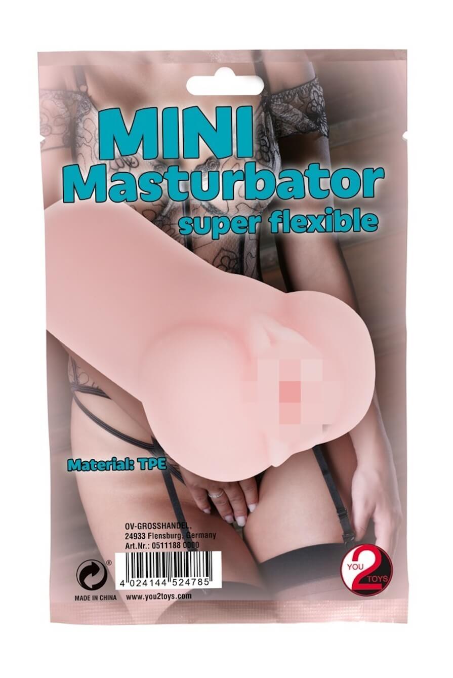 Verpackung des Mini-Masturbators in Vagina-Form mit Produktinformationen.