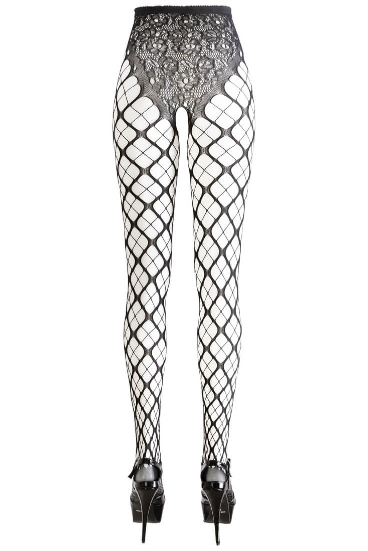 Schwarze Netzstrumpfhose mit verstärkten Zehen und Ouvert-Design.
