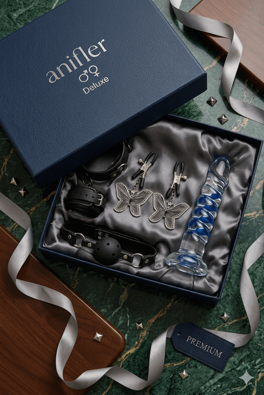 Geöffnete, dunkelblaue Geschenkbox der Marke anifler mit der Aufschrift „Deluxe“ und den Geschlechtssymbolen für Mann und Frau. Im Inneren befinden sich auf grauem Seidenstoff ein blau-transparentes Glas-Lovetoy, zwei Schmetterlings-Nippelklemmen, ein schwarzer Knebel mit Atemlöchern, ein Anal-Toy mit Rückholring sowie Fesseln. (Symbolbild – KI-generierte Beispielillustration).