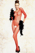 Roter Bodystocking mit 3/4-Ärmeln aus elastischem Soft-Netz, offen im Schritt und tief ausgeschnitten.