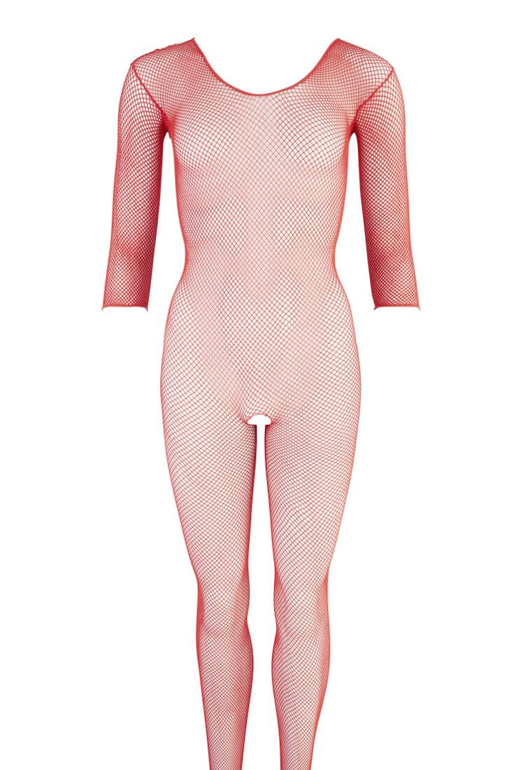 Netz-Bodystocking mit offenem Schritt und elegantem, tiefem Ausschnitt in provokativem Rot.