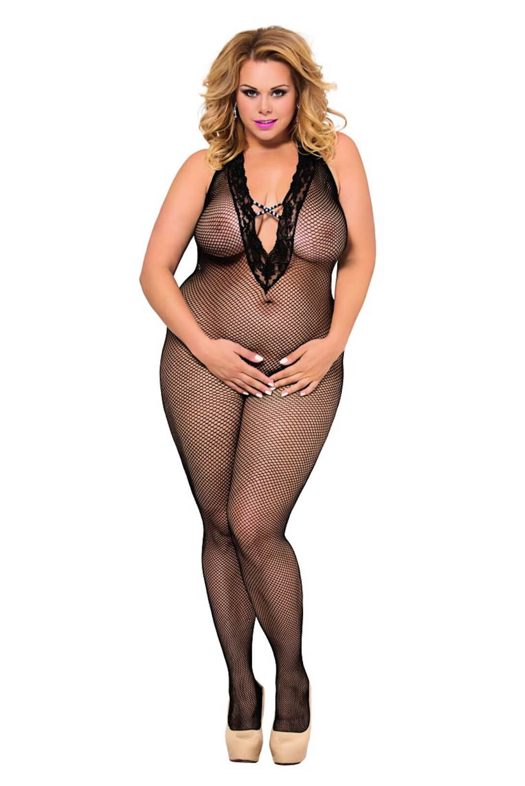Sexy Plus Size Dessous Netzcatsuit Ligia in Schwarz für Damen am Model