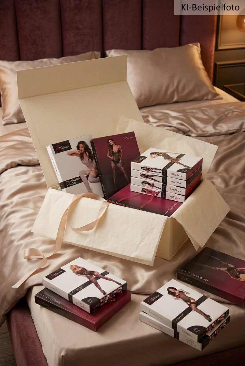 Geöffnete Überraschungsbox mit Livco Corsetti Catsuits auf edlem Satin-Bett