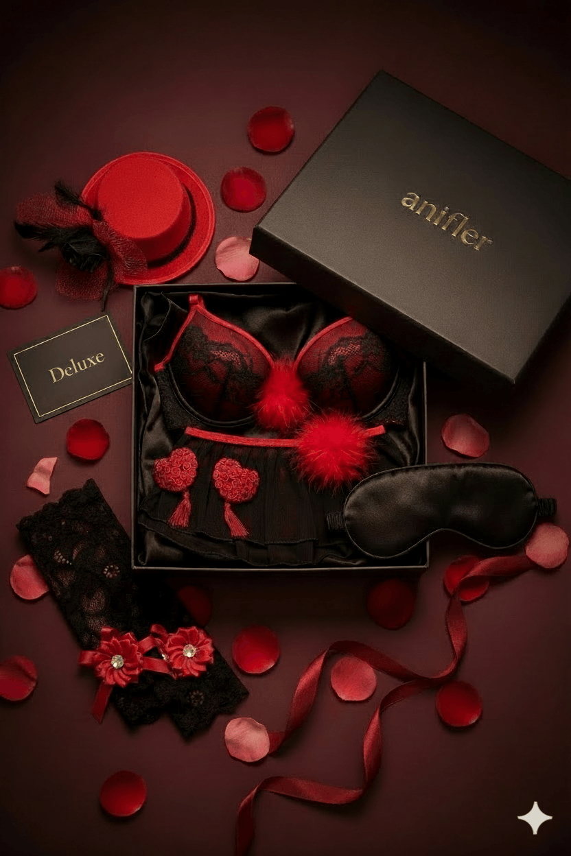 KI-generiertes Beispielbild der exklusiven Luxus Lingerie Überraschungsbox Deluxe von anifler mit hochwertigen Designs