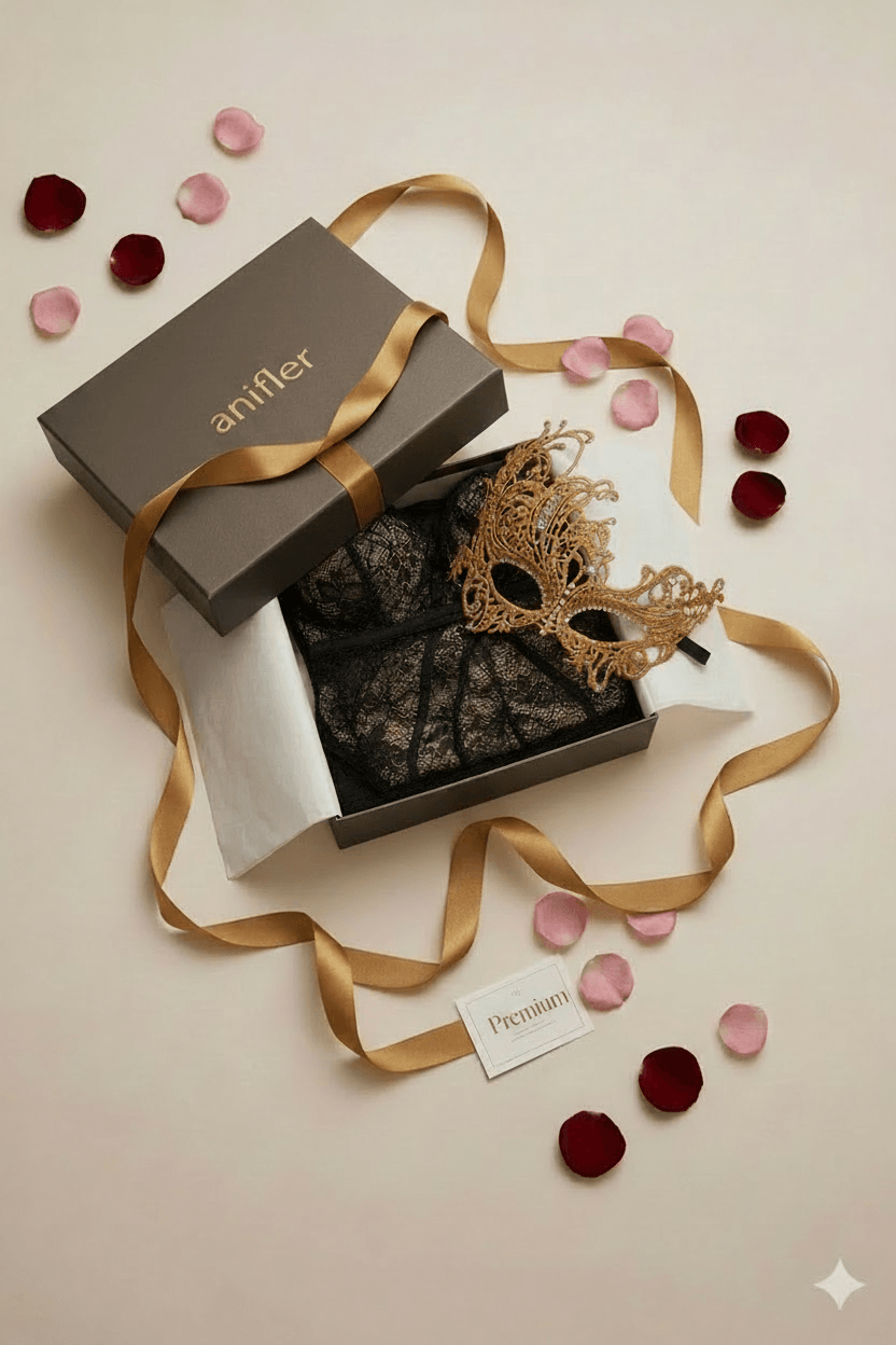 KI-generiertes Beispielbild der eleganten Dessous Überraschungsbox Premium von anifler mit stilvollen Sets und Accessoires