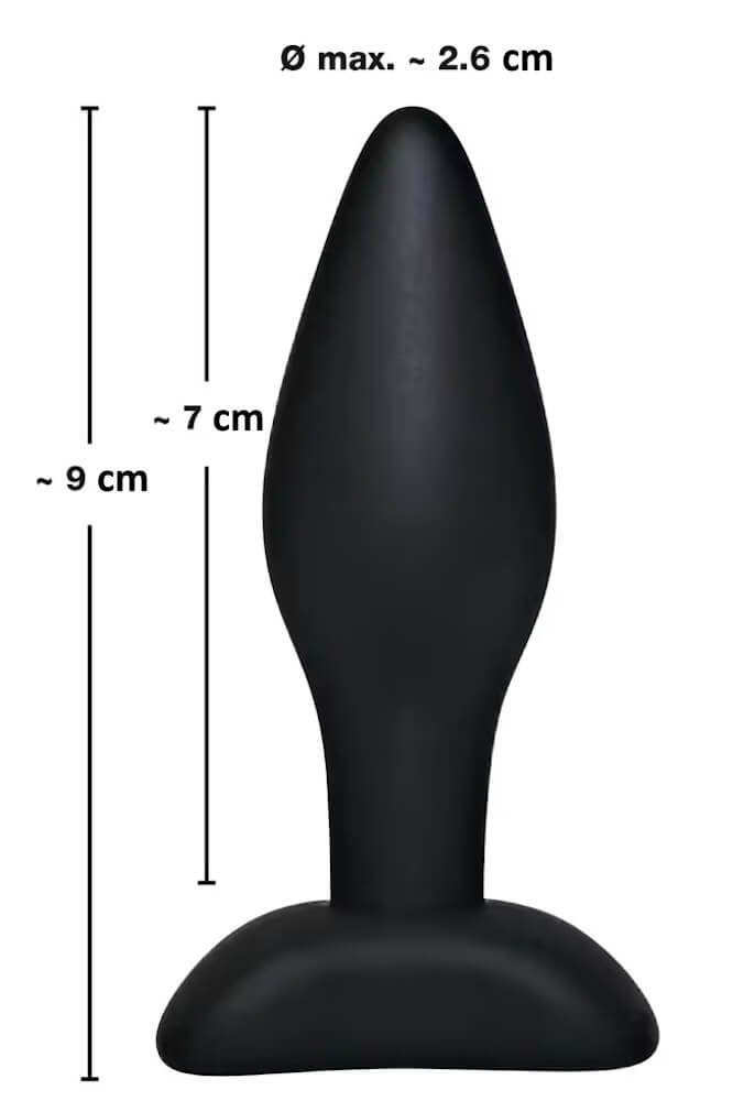 „Black Velvets“ Plug, 9 cm lang, 2,6 cm Durchmesser, mit sicherem Fuß und glatter Struktur.