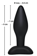 „Black Velvets“ Plug, 9 cm lang, 2,6 cm Durchmesser, mit sicherem Fuß und glatter Struktur.