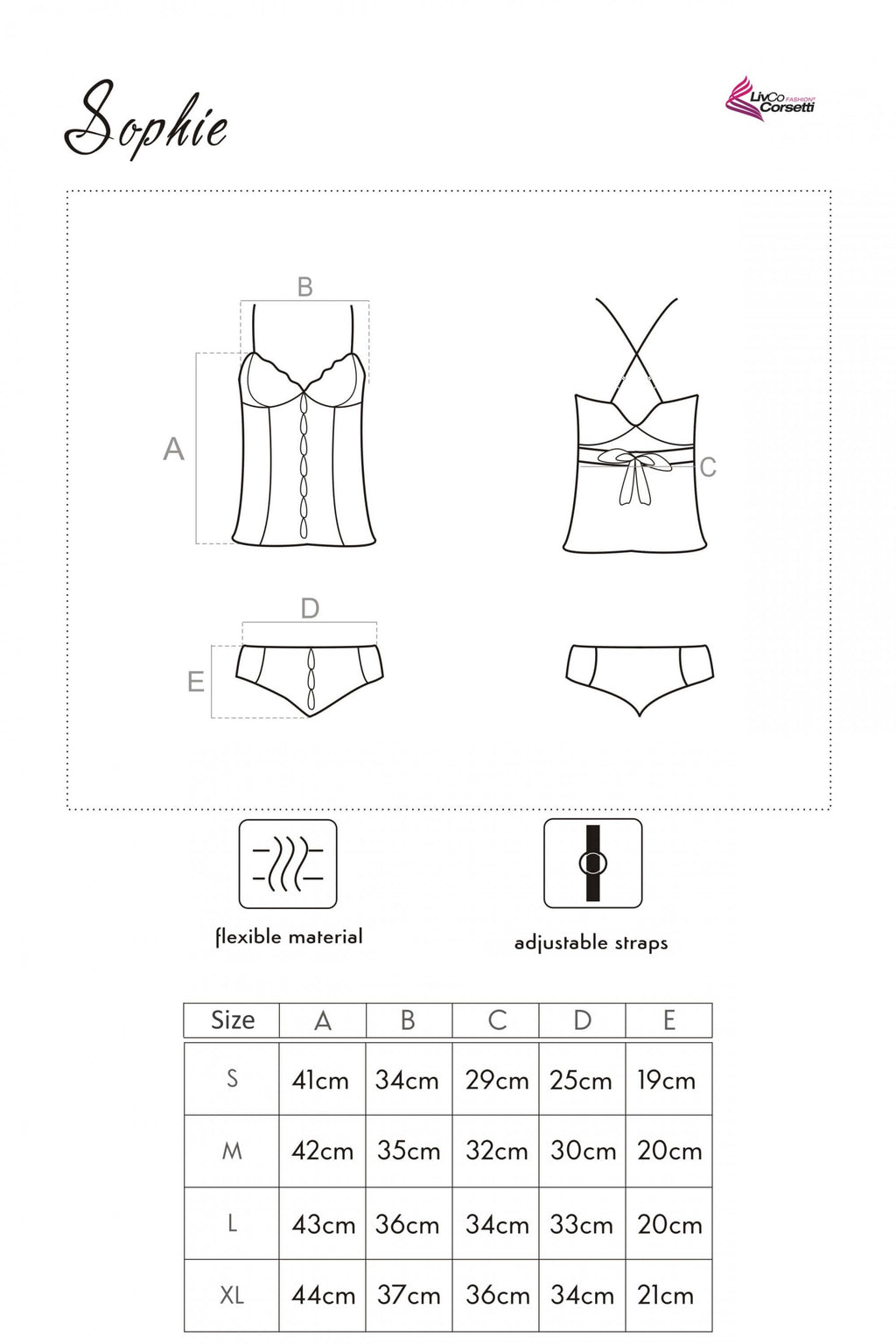Skizze eines Pyjamas ‚Sophie‘ mit Detailansicht der Rückseite: weißes Top mit überkreuzten Trägern und gebundener Satinschleife am Rücken sowie Slip mit zartem Tüll und Spitzeneinsatz. Maßangaben für Größen S, M, L und XL sind an den jeweiligen Bereichen des Kleidungsstücks eingezeichnet.