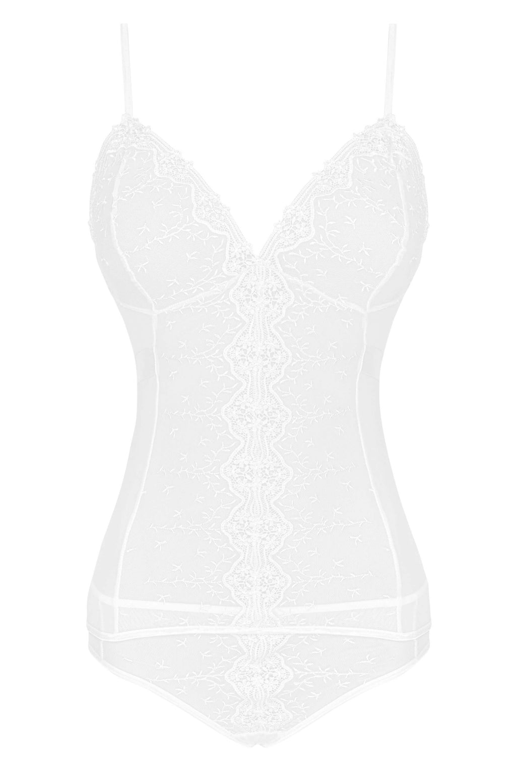 Nahaufnahme des tiefen Dekolletés aus transparenter Spitze mit Blütenmuster – Dessous Set „Sophie“.